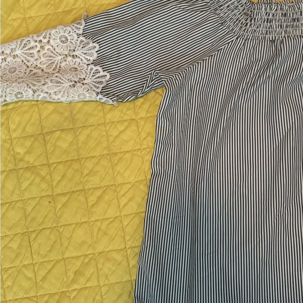 J for Justify Black and White Striped Blouse with Lace Sleeves